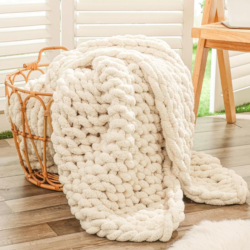 Photo 1 of  Chunky Knit Blanket Throw 40"x60", 100% Hand Knitted Chenille Throw Blanket, Soft Thick Yarn Cable Knit Blanket, Cute Rope Knot Crochet Throw Blankets for Couch Bed Sofa (Beige)