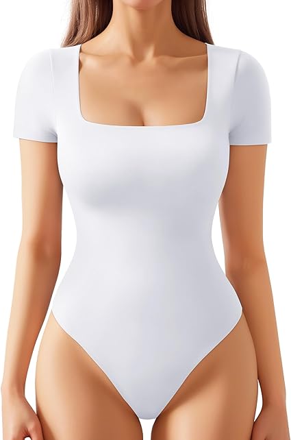 Photo 1 of ALGALAROUND Bodysuits for Women Square Neck Double Lined Short Sleeve Bodysuit Basic Body Suit Tops Large White