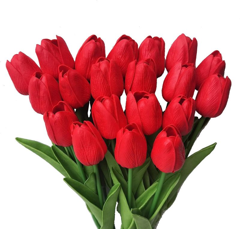 Photo 2 of 20PCS Red Artificial Flower Tulips PU Real Touch Tulips for Home Wedding Decoration Brides Hand Holding Bouquet Artificial Flower Decoration (Type-Red)