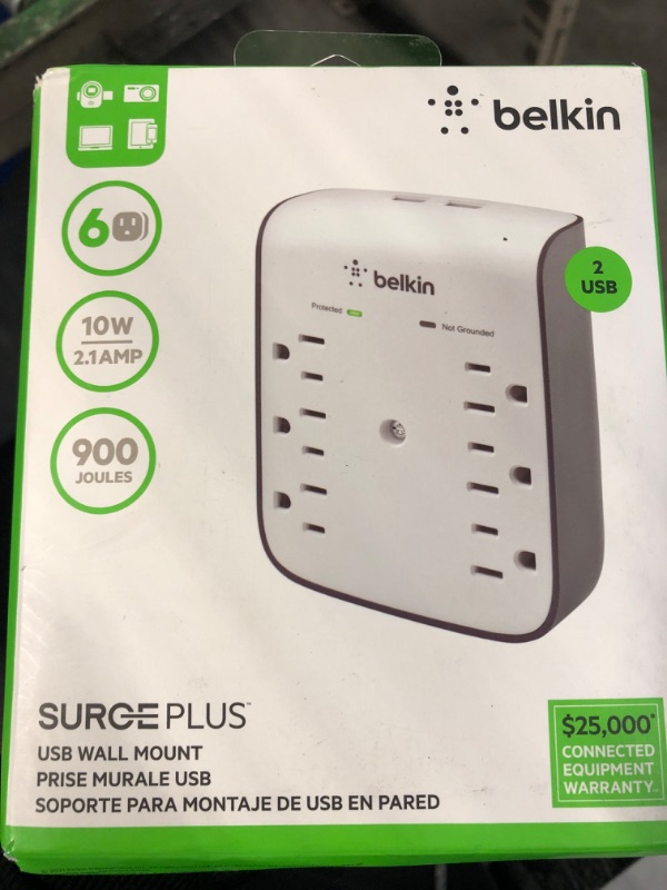 Photo 3 of Belkin 6-Outlet Wall Surge Protector w/ 2 USB-A Ports, Wall-Mountable Surge Protector for Home, Office, Travel, Computer Desktop, Laptop, Phone Charger, & More - 900 Joules of Protection