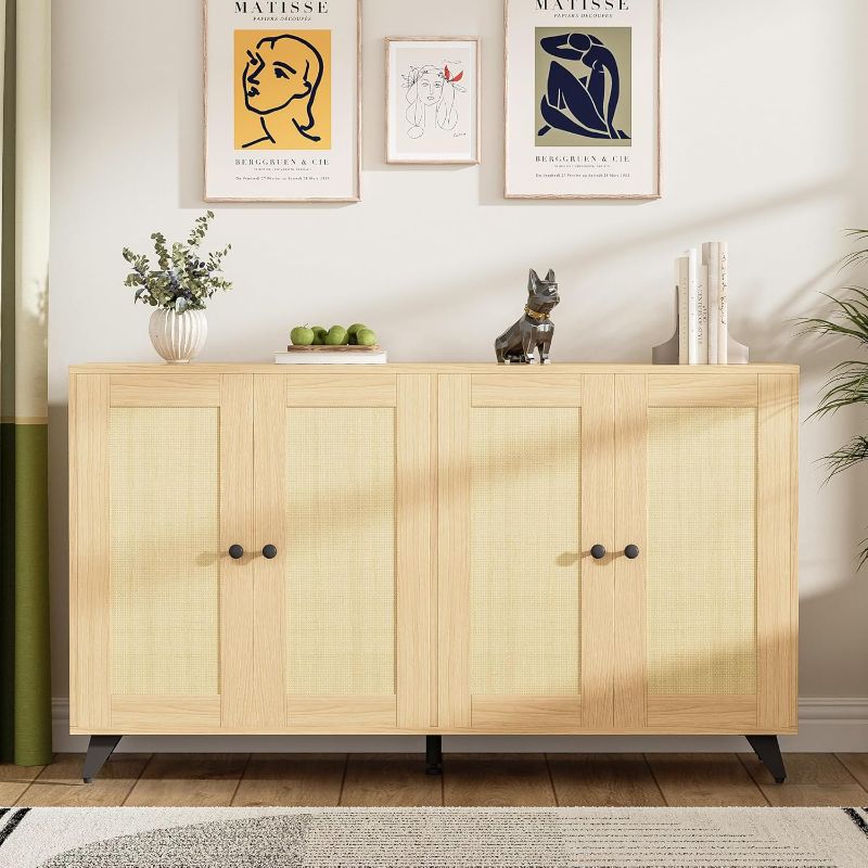 Photo 1 of ***Stock photo is a similar item*** Large Oak Sideboard Buffet Cabinet with Rattan 4 Doors, 3 Tier Accent Coffee Bar Cabinet, Kitchen Cabinet for Living Room, Kitchen or Hallway