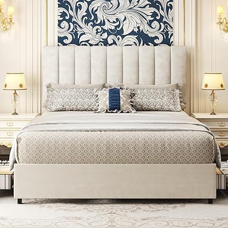 Photo 1 of ***Stock photo is a similar item*** Rioncilar Full Platform Bed Frame with Upholstered Headboard, Sturdy Wood Slat Support, No Box Spring Needed, Easy Assembly, Noise-Free, Beige