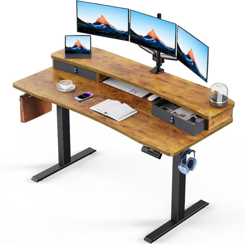 Photo 1 of ***Stock photo is a similar item, not exact*** Electric Standing Desk with 2 Drawers, C-Clamp Mount Compatible, Height Adjustable Computer Desk, Home Office Stand Up Desk with 4 Preset Heights & 2 Hooks, Vintage Brown
