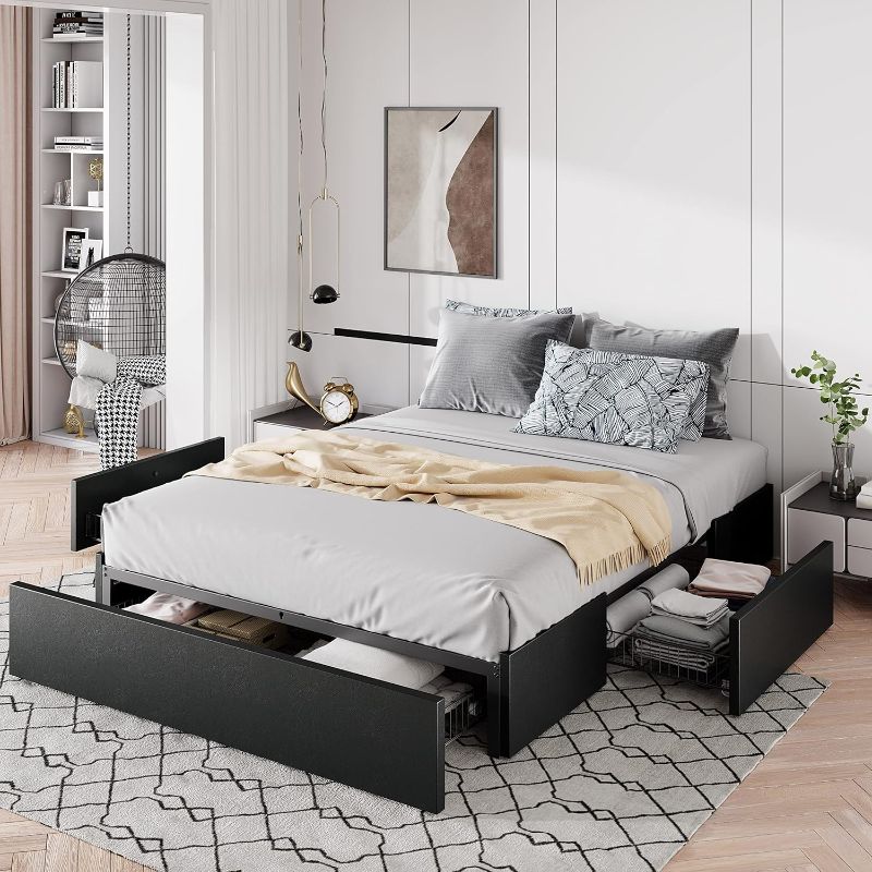 Photo 1 of ***stock photo is a similar item*** Queen Size Platform Bed Frame with Storage Drawers, Faux Leather Upholstered, Wooden Slats Support, No Box Spring Needed, Easy Assembly, Black