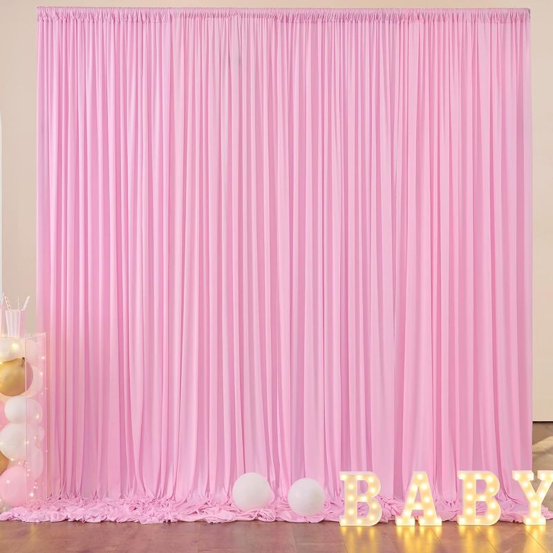 Photo 1 of 10ft x 10ft Wrinkle Free Pink Backdrop Curtains Panels for Parties, Polyester Baby Pink Photo Backdrop Drapes 2 Panels 5ftx10ft Cloth for Birthday Wedding Photography Background Home Decorations