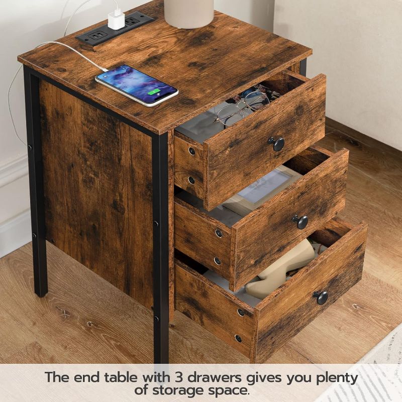 Photo 1 of  Nightstand with Charging Station, Side Table with 3 Drawers and Storage Shelf, End Table with USB Ports, Retro Industrial Style Bedside Table, for Living Room, Bedroom, Rustic Brown 