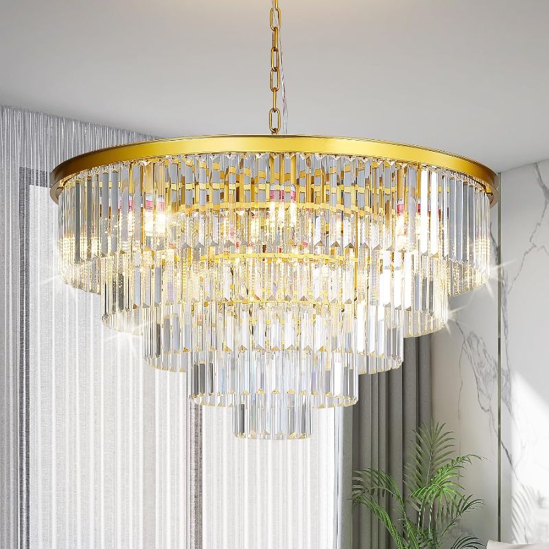 Photo 1 of 
Wansi Gold Modern Crystal Chandeliers: 31 Inch Large Flush Mount Chandelier Light Fixtures with 5 Tiers K9 Crystal - Living Room Luxury Crystal Chandelier...