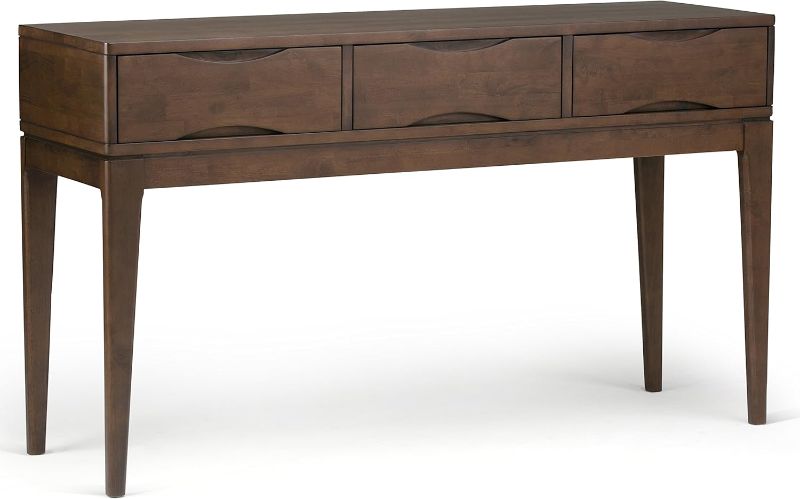 Photo 1 of 
SIMPLIHOME Harper SOLID WOOD 54 inch Wide Mid Century Modern Console Sofa Entryway Table in Walnut Brown with Storage, 3 Drawers , for the Living Room,...
