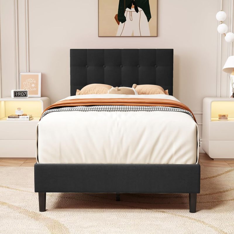 Photo 1 of  Twin Size Upholstered Platform Bed Frame with Button Tufted Linen Headboard Wood Slat Support Easy Assembly No Box Spring Needed Black