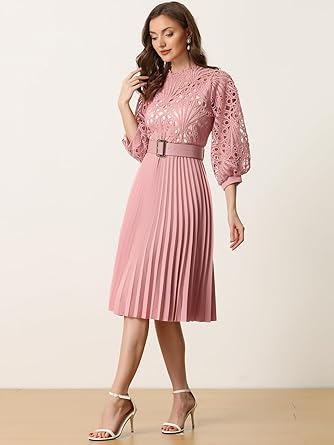 Photo 1 of Allegra K Women's Elegant Lace Crochet Lantern Sleeves Belt Loose Pleated Midi Dress