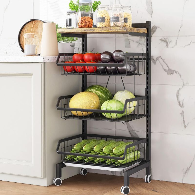 Photo 2 of COVAODQ Fruit Basket 4-Tier Adjustable Fruit Vegetable Basket Cart Metal Wire Storage Cart Rolling Pantry Utility Kitchen Cart