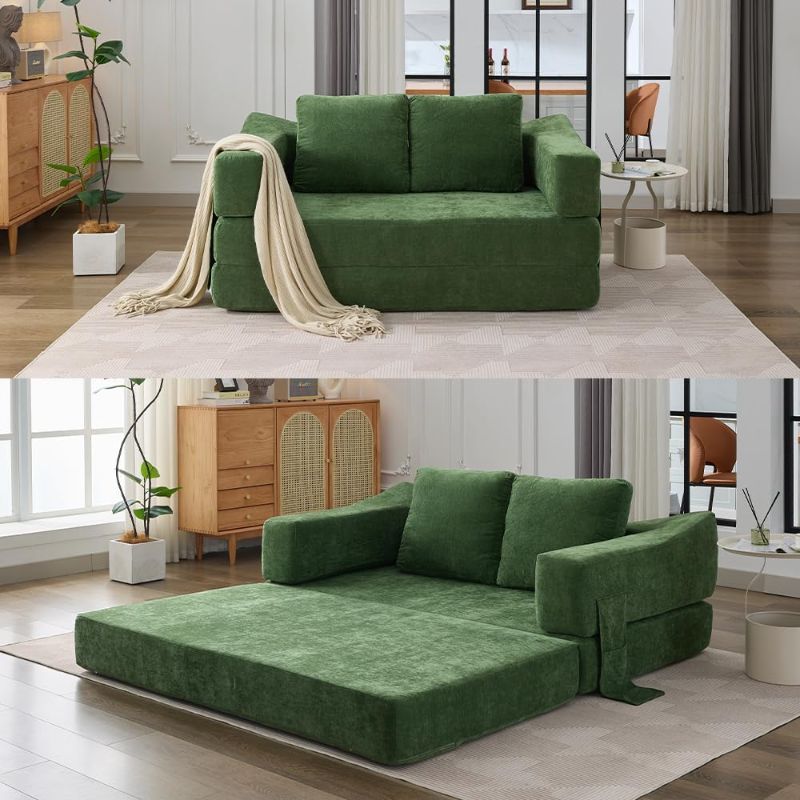 Photo 1 of ***Not Exact***
Modern Loveseat Sofa Fold-Out Sofa Bed, Convertible Chair Floor Couch with Removable Backrest, Comfy Sofa for Living Room, Bedroom, Chenille Fabric (Green)