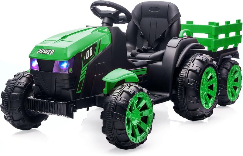 Photo 1 of 12V Kids Ride On Tractor Toys with Trailer, Kids Electric Vehicles Toy Tractor with Remote Control, 35W Dual Motors Ride On Cars with 6 Wheels, Kids Ride On Toys for Boys Girls (Green)