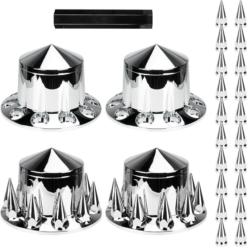 Photo 1 of ***MISSING CAPS*** Spike Rear Axle Cover Combo Kits for Semi Truck Hubs w/Screw-On 33mm Lug Nut, ABS Plastic Chrome Plated, 10 Hole Removable Caps, 4Pcs