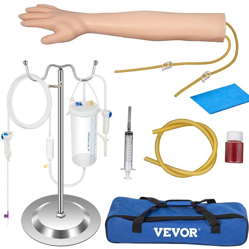 Photo 1 of  Intravenous Practice Arm Kit Made of PVC Latex Material Phlebotomy Arm with Infusion Stand Practice Arm for Phlebotomy with a Storage Handbag IV Practice Arm Kit for Venipuncture Practice