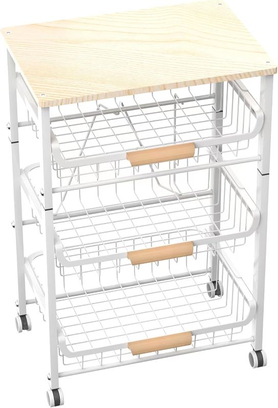 Photo 1 of 4-Layer Fruit Basket Kitchen Food Storage Organizer and Storage Rack, Stackable Storage cart with Desktop, Pull-Out Hollow Metal Storage Basket, liding Out Storage,White