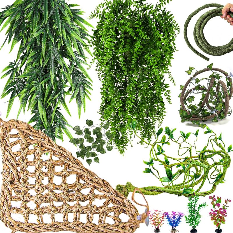 Photo 1 of 12 Pieces Bearded Dragon Tank Accessories, Reptile Hammock Plants and Vines Terrarium Branch Plants Habitat Decoration for Lizard Gecko Snake Hermit Crab