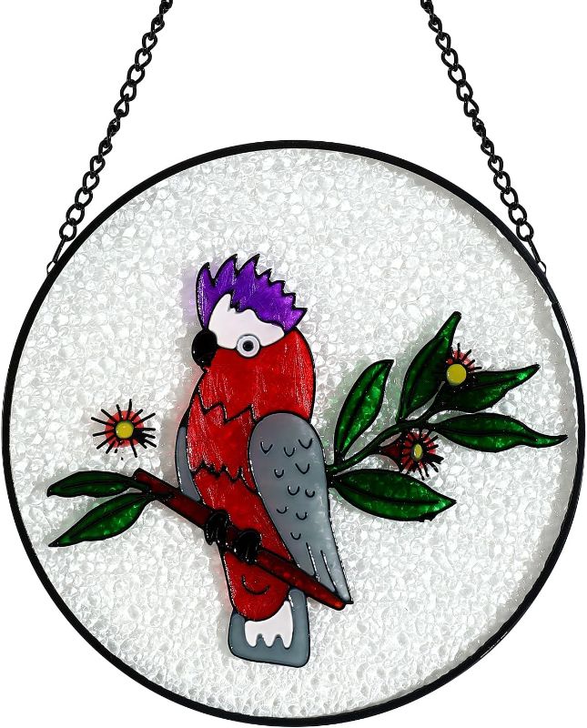 Photo 1 of ***THE BIRD ON THE GLASS IS A LITTLE DIFFERENT ON THE ITEM***Stained Glass Window Hanging Handicraft 2 Red and Yellow Parrot Birds Window Panel 12” Round Tiffany Art Style Window Suncatcher Perfect Window Hangings Housewarming Gift (with Chain Hook)
