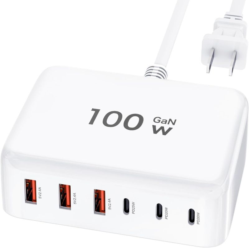 Photo 1 of 100W GaN USB C Fast Charger Block Compact 6 Port GaN Charging Station HUB Brick Portable Wall PD Charger Power Adapter for iPhone 16 15 14 13 12 Pro Max iPad Pro Air Samsung Galaxy Pixel LG