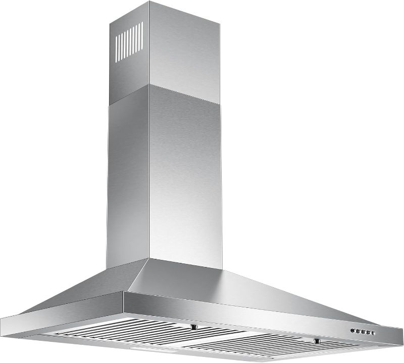 Photo 1 of 24 Inch Range Hood, Wall Mount Vent Hood in Stainless Steel with Ducted/Ductless Convertible Duct, 3 Speed Exhaust Fan, Energy Saving LED Light, Push Button Control, 2 Pcs Baffle Filters