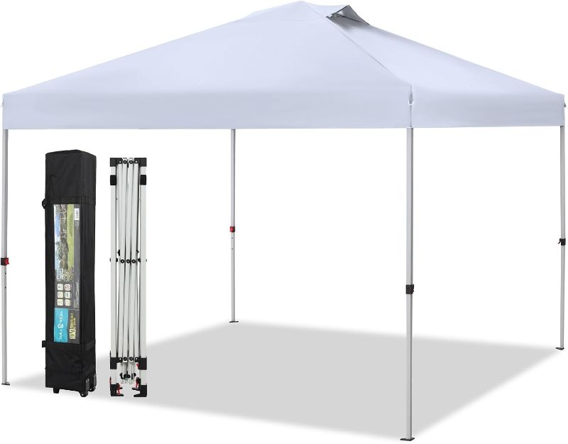 Photo 1 of Canopy Tent Pop Up 10x10 ft, Outdoor Patio Portable Commercial Canopies Shelter Heavy Duty Straight Legs with Roller Bag, 8 Stakes, 4 Guy Ropes, UPF50+, White, Sophia & William