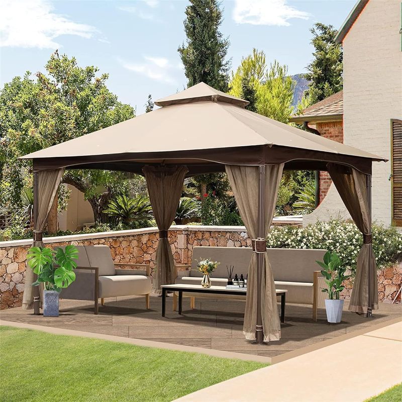 Photo 1 of 10'x13' Outdoor Gazebo, Hardtop Gazebo Double Roof, Patio Canopies & Pergolas with Netting and Curtains, Metal Frame Soft Top Gazebo,Outside Canopy Tent for Deck Backyard Garden Lawns(Khaki)