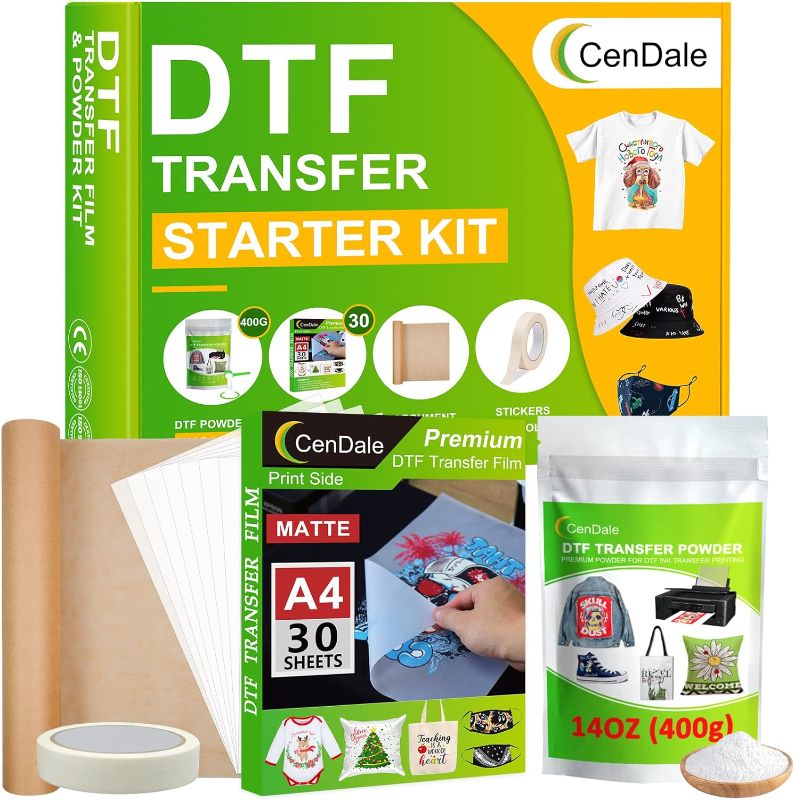 Photo 1 of 
Roll over image to zoom in
DTF Transfer Film and Powder Kit - 30 Sheets A4 DTF Film for Sublimation, 14oz White Medium DTF Powder, Direct-to-Film Transfer for Any Fabric, DTF Starter Kit for DTF & Sublimation Printer