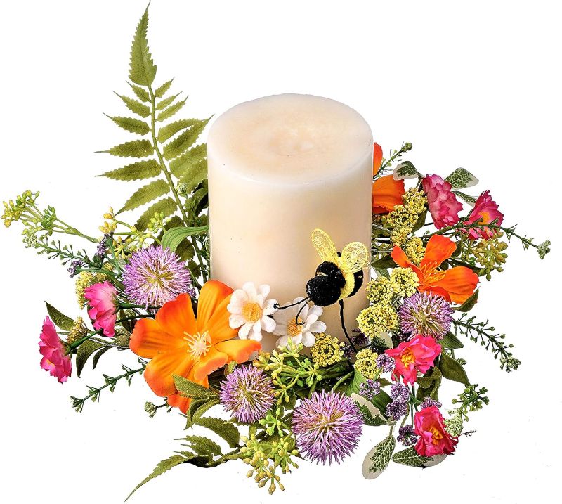 Photo 1 of 
Reg 10 Inch Summer Blooms and Bumble Bee Candle Ring-Artificial Floral Yellow,Pink,Orange and White Blossoms