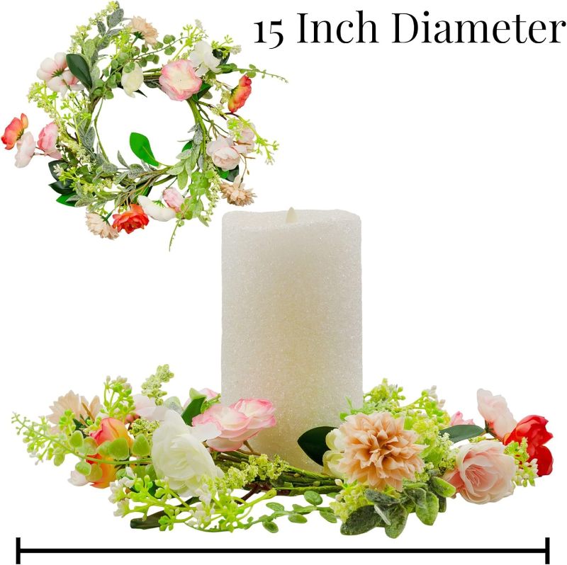 Photo 1 of 
AuldHome Flowered Candle Rings (2-Pack, Pink); Set of 2 Spring/Summer Candle Wreaths