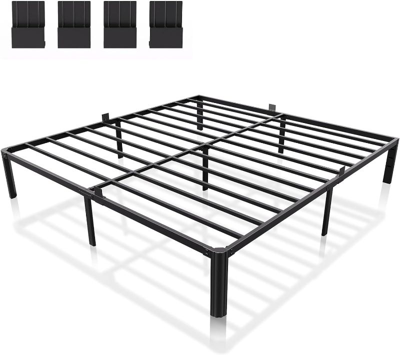 Photo 1 of  Metal Bed Frame King Size, 3000Lbs Heavy Duty Balck Platform King Size Bed Frame with Round Corner Legs, Mattress Slide Stopper, No Box Spring Needed, Easy Assembly