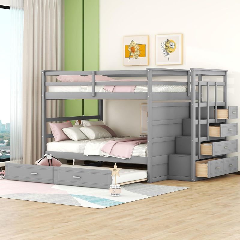 Photo 1 of Harper & Bright Designs Full Over Full Bunk Bed with Storage, Wooden Bunk Bed with Trundle and Staircase, Gray