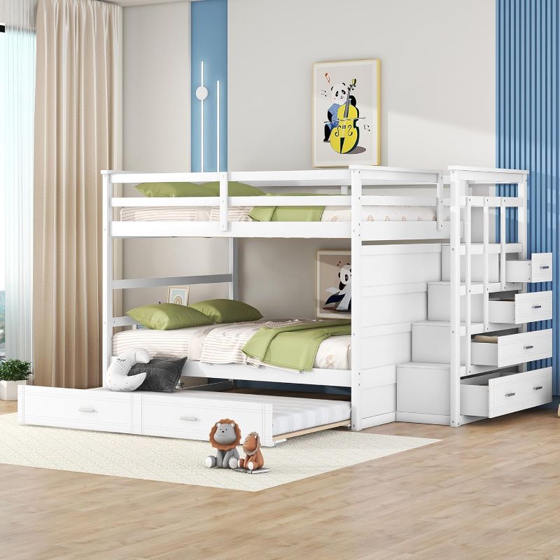 Photo 1 of Harper & Bright Designs Full Over Full Bunk Bed with Storage, Wooden Bunk Bed with Trundle and Staircase (White)