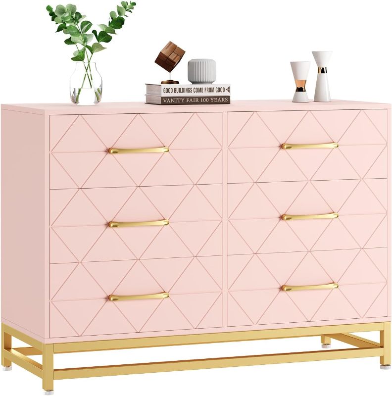 Photo 1 of Dresser for Bedroom with 6 Drawer Double Dressers, Modern Wooden Dresser Chest, Beside Table for Closet, Nursery, Living Room, Pink