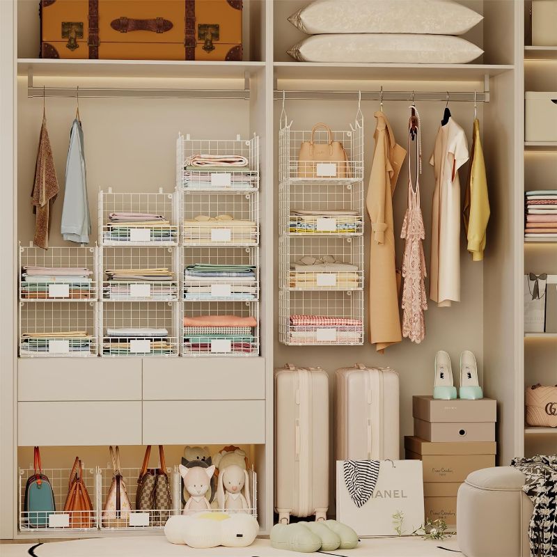 Photo 1 of 4 Tiers Closet Shelves Stackable Organizer with Name Plate S Hooks, Wall Mount & Cabinet Wire Storage Basket Bins, for Clothing Sweaters Handbags Clutches Accessories