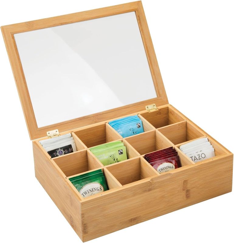 Photo 1 of  Bamboo Tea Storage Organizer Box - 12 Divided Sections, Hinged Lid with Easy View Clear Window Top - Stackable Holder for Tea Bags, Packets, and Other Small Items - Echo Collection - Natural