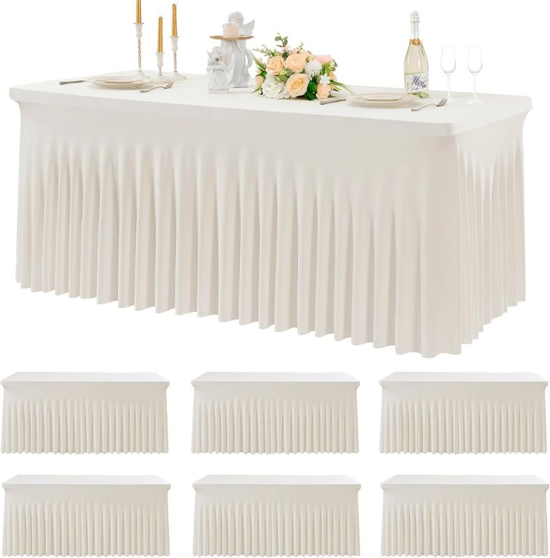 Photo 1 of 6 pk Spandex Ivory Tablecloths for 6 Foot Rectangle Tables, Stretch Table Cloth 6ft Fitted Tablecover Desk Skirt for Parties Weddings Birthday Banquet Baby Shower
