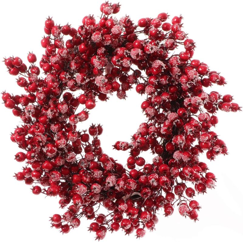 Photo 1 of 22" Red Frosted Berry Wreath - 22-Inch Iced Hawthorn Twig Berries Holiday Decorative Winter Large Christmas Berry Wreaths for Front Door, Fireplace, Mantel, Xmas Décor - Xmas Berry Wreath