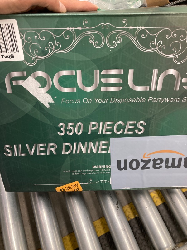 Photo 1 of 350 Piece Silver Dinnerware Set 50 Guest-100 Silver Rim Plastic Plates-50 Silver Plastic Silverware-50 Silver Plastic Cups-50 Linen Like Silver Paper Napkins