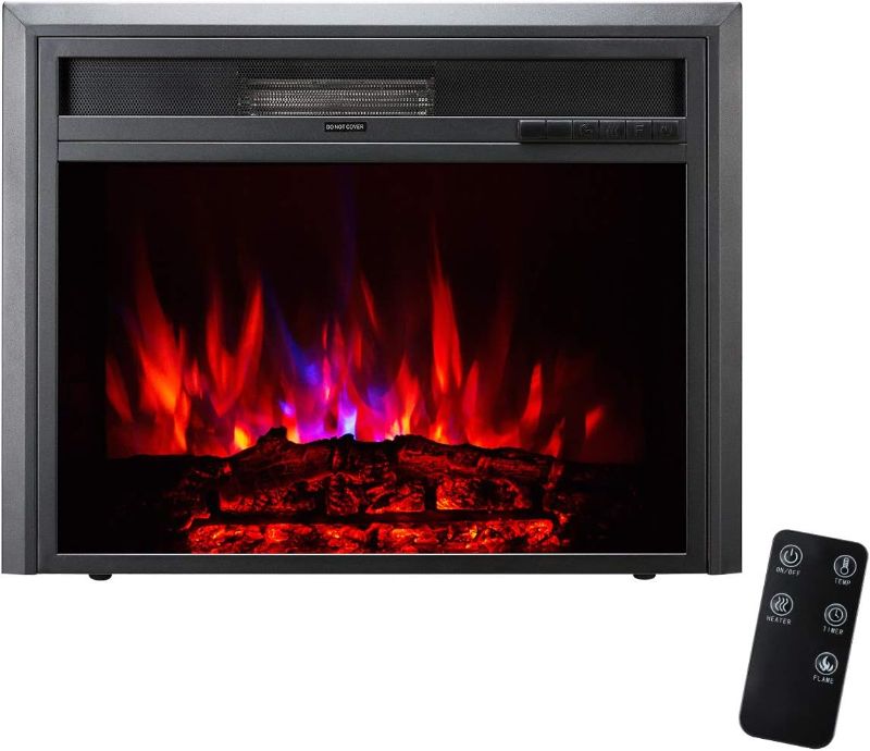 Photo 1 of 32 Inch Insert Electric Fireplace Heater with Remote Control, LED Rolling Flame Effect, and Temperature Limiting Control, Glass and Steel Indoor, Black