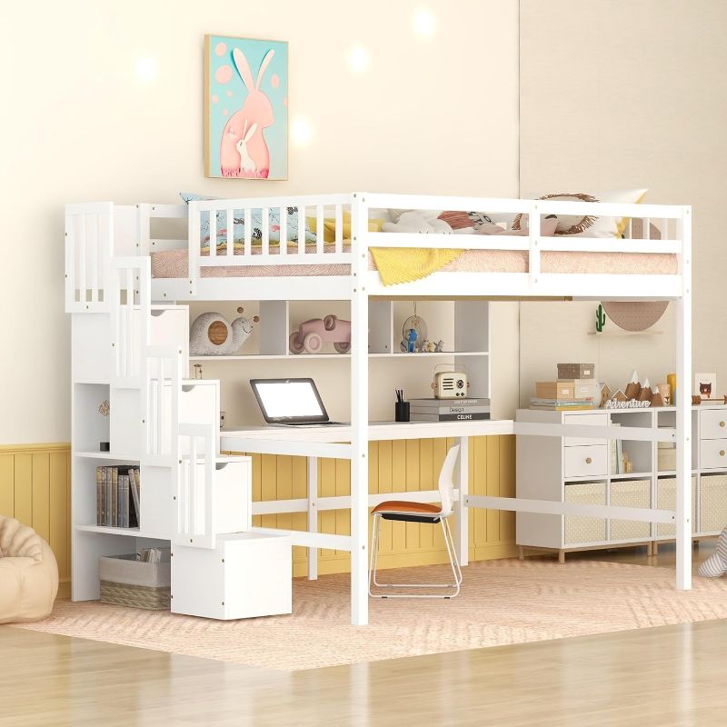 Photo 1 of ***see notes***Full Size Loft Bed with Desk and Storage Shelves,Wood Loft Bed Frame with Storage Staircase,High Loft Bed Full for Kids,Teens, Adults,White