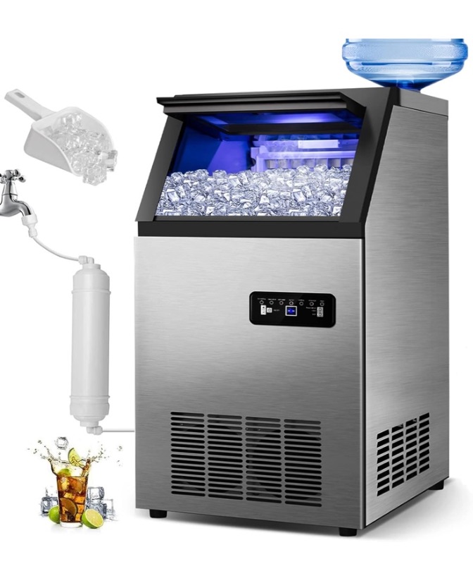 Photo 1 of Commercial Ice Maker Machine 120Lbs/24H with 35Lbs Ice Capacity, 45Pcs Clear Ice Cubes Ready in 11-20Mins, Stainless Steel Under Counter Freestanding Large Ice Machine, 2 Water Inlet Modes