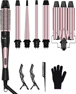 Photo 1 of 6 in 1 Curling Iron, 3 Barrel Curling Iron Set with Curling Brush (1.5inch) and 5 Interchangeable Ceramic Curling Wand(0.35"-1.25"), 2 Temp Heating Setting, Contain Glove & 2 Clip, for Christmas Gifts
