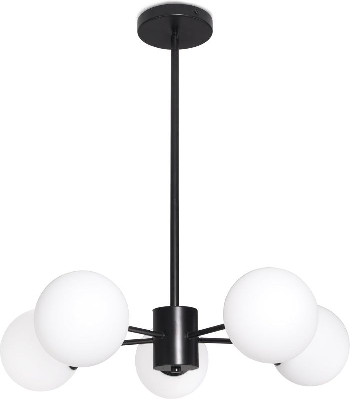 Photo 1 of 5-Light Globe Sputnik Chandelier Mid Century Sputnik Chandeliers Modern Black Globe Pendant Light Matte Black Finished with White Frosted Globe Glass Lampshade for Dining Room Bedroom Kitchen
