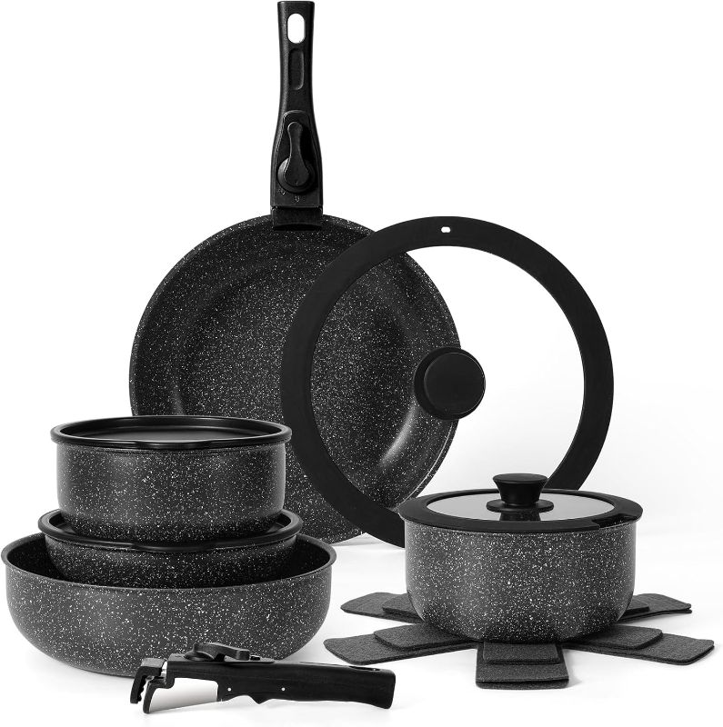 Photo 1 of 15Pcs Pots and Pans Set Non Stick, Cookware Sets with Detachable Handle, Nonstick RV Kitchen Cooking Set Removable Handles, Oven Safe, Induction Fast, Stackable Non-stick Set, Black
