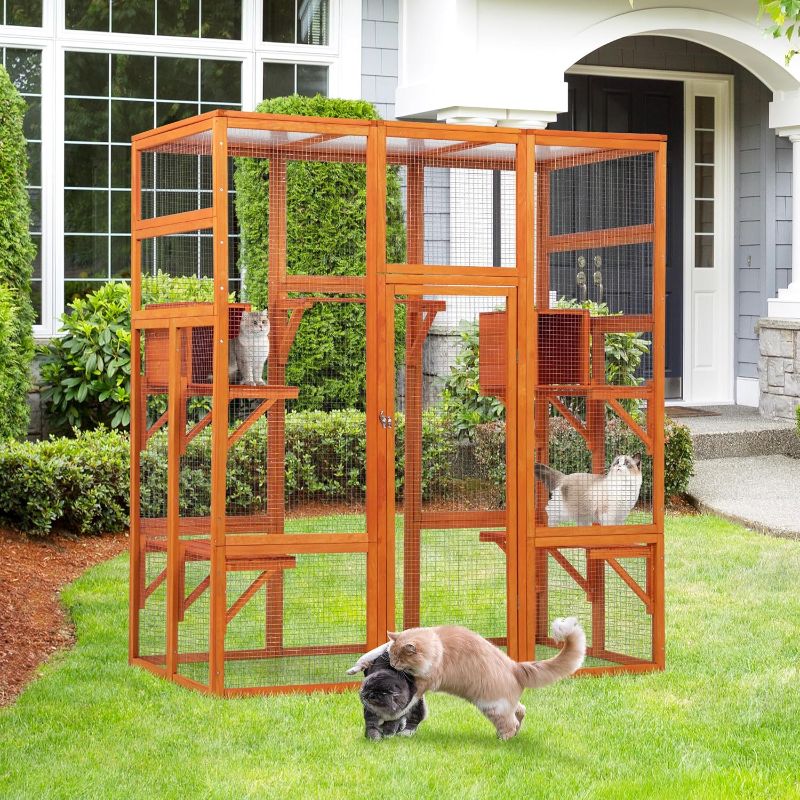 Photo 1 of " Wooden Extra Large Outdoor Cat Cage Catio with Perche&Condo, Assembled Play Run Cat Enclosure Indoor Kitty Window Kennel with Waterproof Roof, 7 Platforms & 2 Resting Box?Orange?