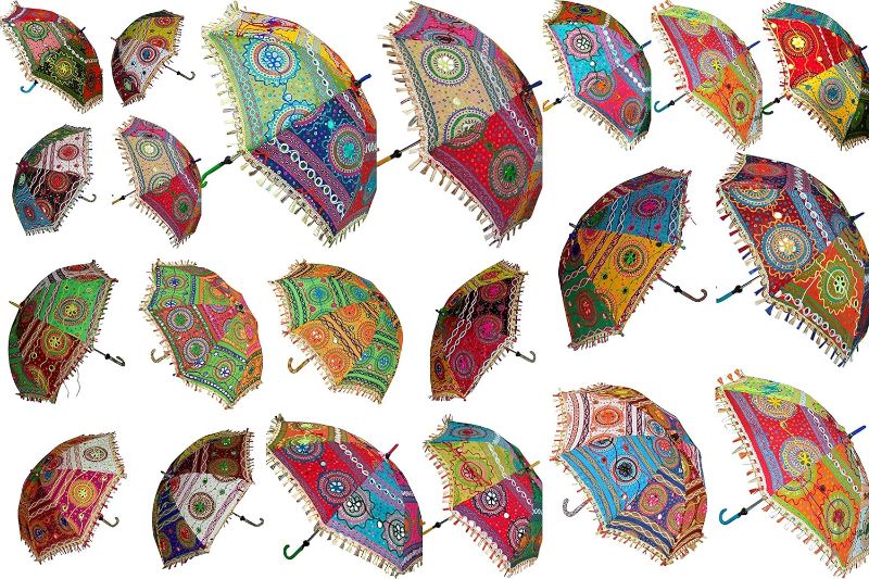 Photo 1 of 15 Pcs Mix Lot Indian Wedding Umbrella Handmade Embroidery Umbrella Decorations Mirror Work Vintage Parasols Cotton Umbrellas