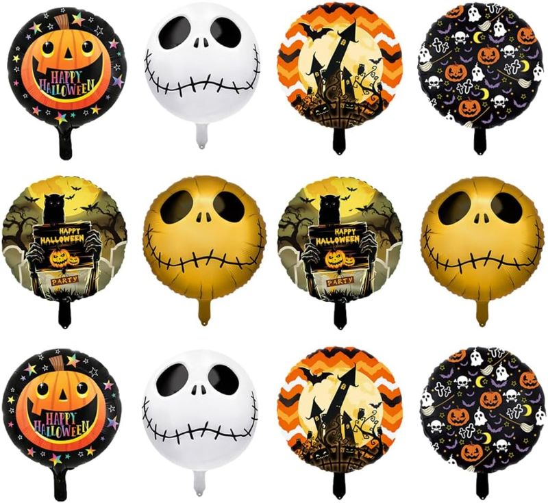 Photo 1 of 12 Pcs Round-Shaped Halloween Balloons 18 Inch Mylar Foil Skeleton Pumpkin Horror Pattern Halloween Balloon for Halloween Party Decorations Supplies