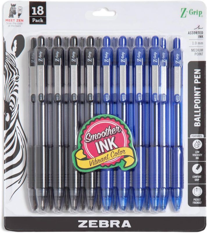 Photo 1 of 
Roll over image to zoom in
Zebra Pen Z-Grip Retractable Ballpoint Pen, Medium Point, Assorted Business Colors, 18-Pack, Model Number: 22018amz