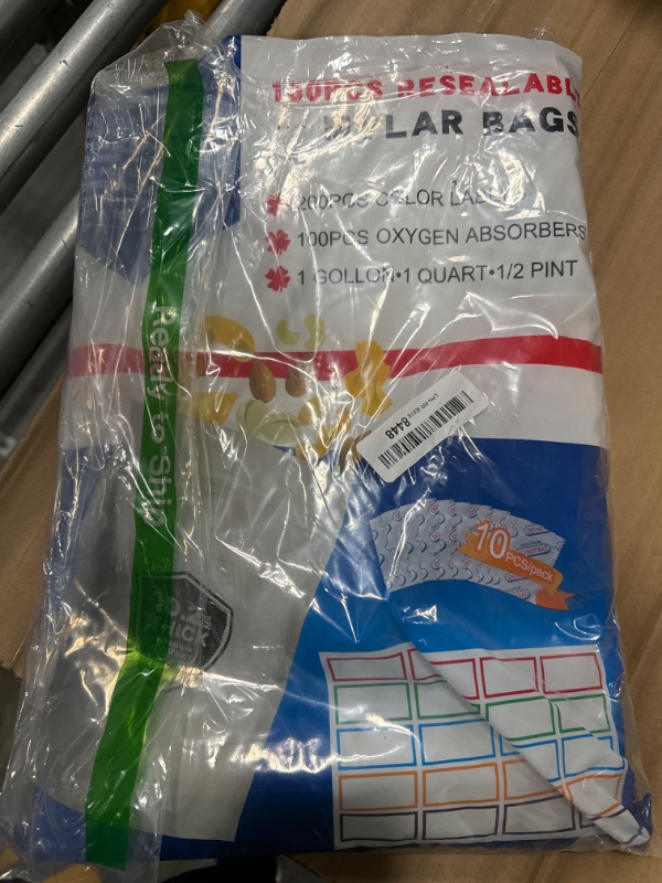 Photo 2 of 100 Pack 10.2 Mil Mylar Bags for Food Storage with Oxygen Absorbers 400cc (10 x 10 Packs) and 200 Pcs Color Labels - 10”*14” / 6”* 9” / 4.3”*6.3” Resealable Zipper Mylar Bag for Long Term Food Storage