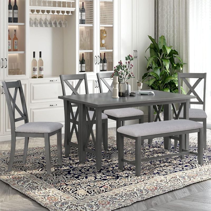 Photo 1 of 6 Pieces Dining Table Set, Wood Rectangle Table and 4 Chairs with Bench with Cushion, Kitchen Table Chairs Set for 6 Persons (Gray)